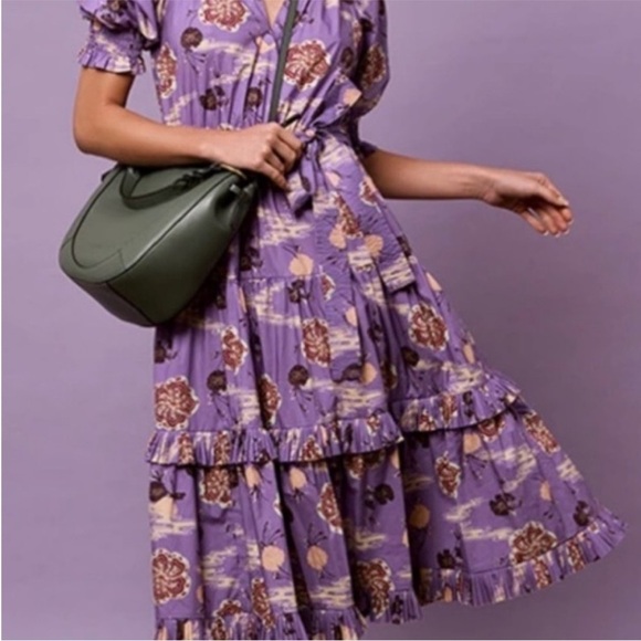NWOT Ulla Johnson Dasha Popelin Ruffle Tier Purple Zinnia Floral Midi Dress - Picture 13 of 16